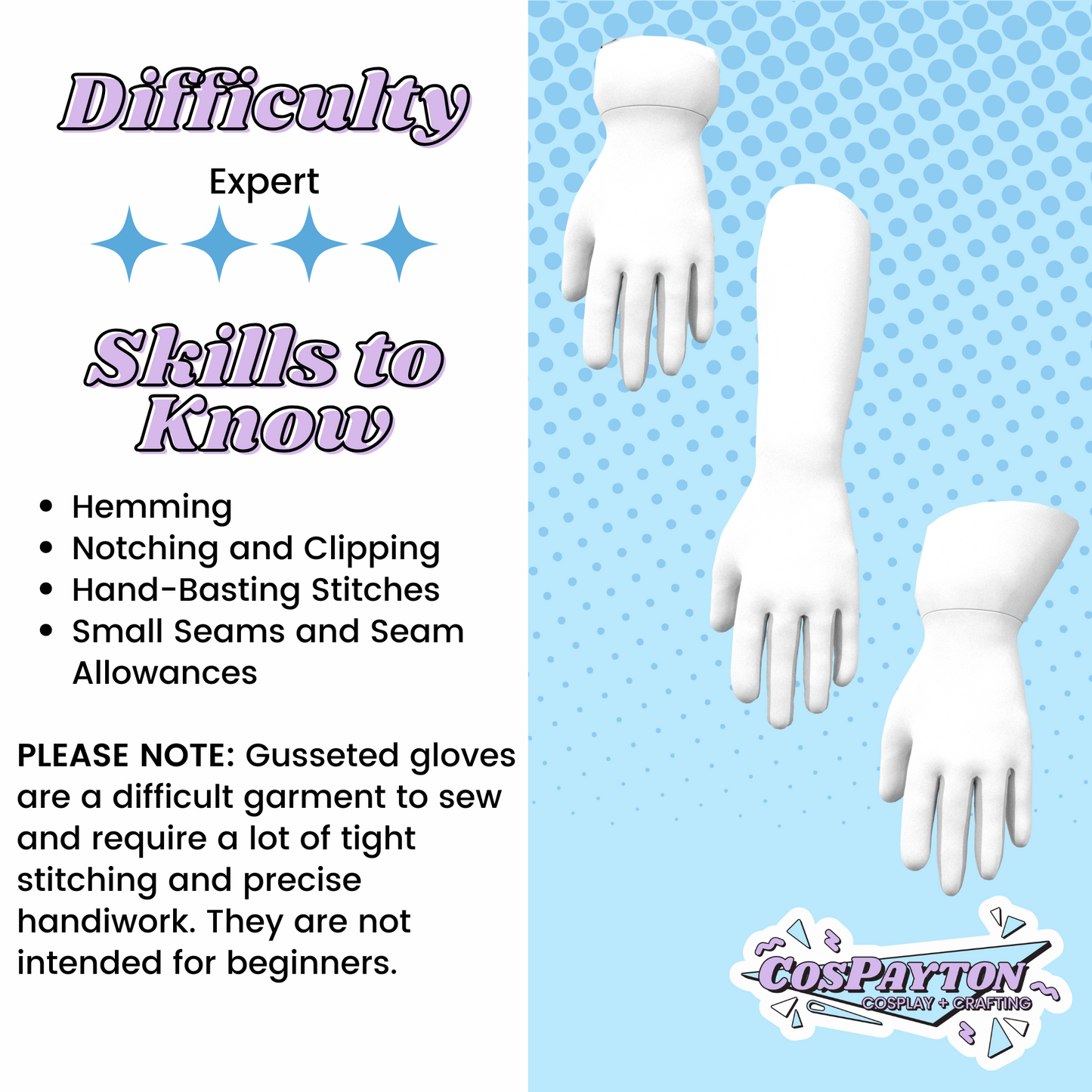 Gusseted Glove Cosplay Sewing Pattern | Long, Short and Flared Cuff Options | Printable Sewing Block