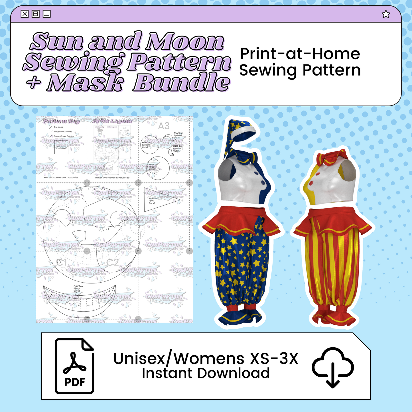 Sun and Moon Mask and Pattern PDF Cosplay Bundle | Five Nights at Freddy's Inspired Printable Costume Pattern