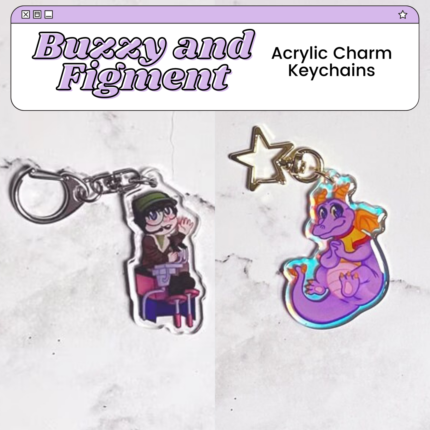 Buzzy and Figment Holographic Acrylic Charm Keychains | Cranium Command, Journey Into Imagination, and Epcot-Inspired Accessories