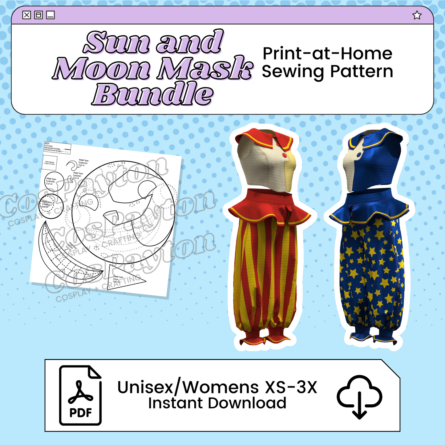 Sun and Moon Mask and Pattern PDF Cosplay Bundle | Five Nights at Freddy's Inspired Printable Costume Pattern