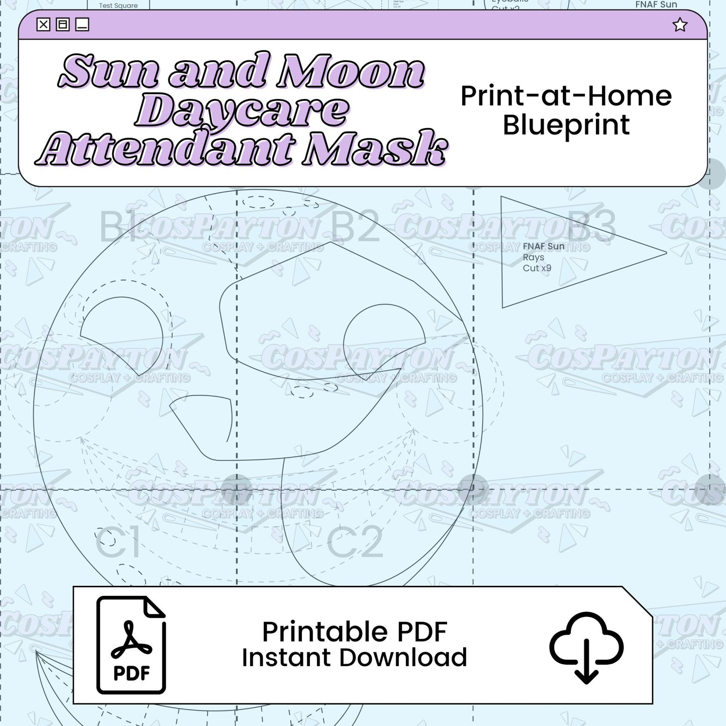 Sun and Moon Daycare Attendant Mask Cosplay Blueprint | Five Nights at Freddy's: Security Breach Inspired Printable PDF