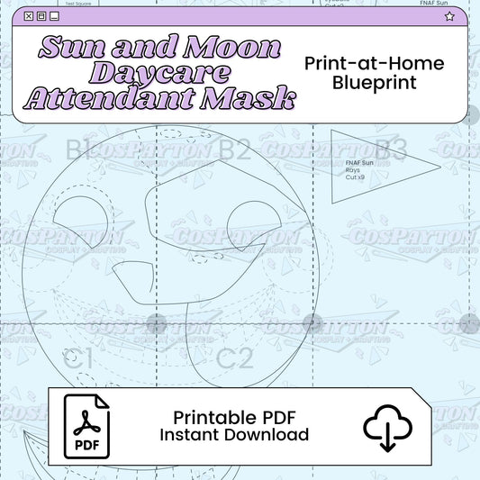 Sun and Moon Daycare Attendant Mask Cosplay Blueprint | Five Nights at Freddy's: Security Breach Inspired Printable PDF